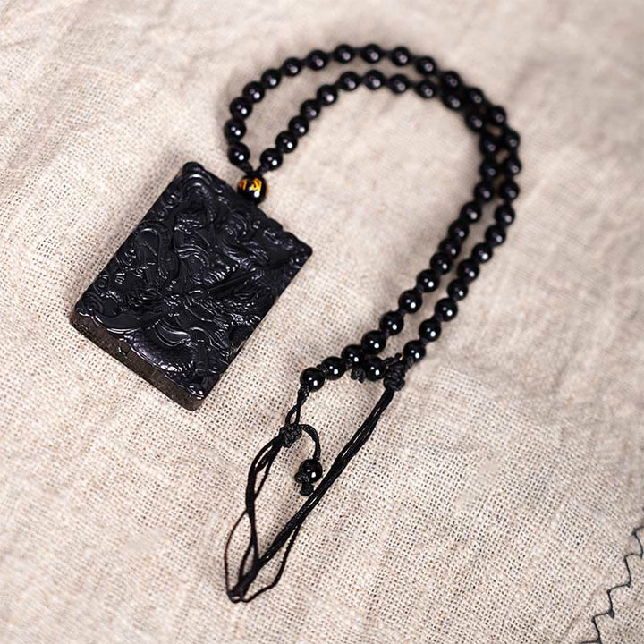 Buddha Stones Halskettenanhänger aus schwarzem Obsidian mit Guan-Gong-Amulett und Gravur – Symbol der Stärke - image 5