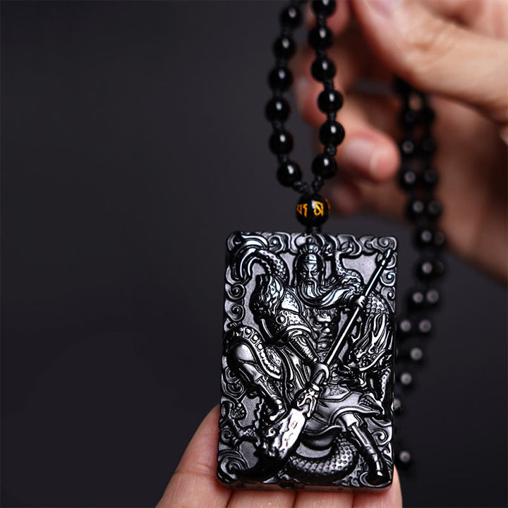 Buddha Stones Halskettenanhänger aus schwarzem Obsidian mit Guan-Gong-Amulett und Gravur – Symbol der Stärke - image 1