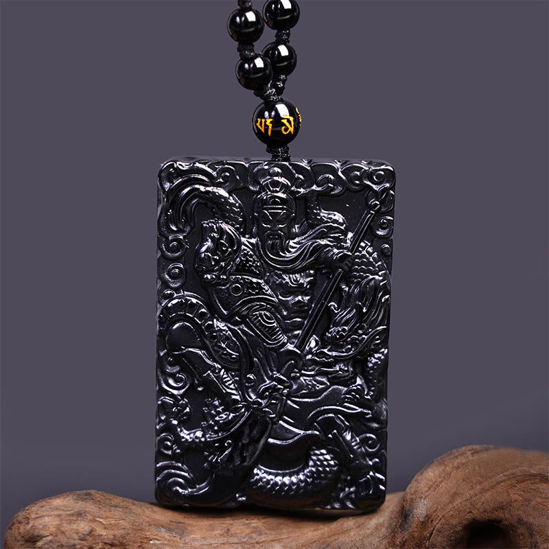 Buddha Stones Halskettenanhänger aus schwarzem Obsidian mit Guan-Gong-Amulett und Gravur – Symbol der Stärke - image 3