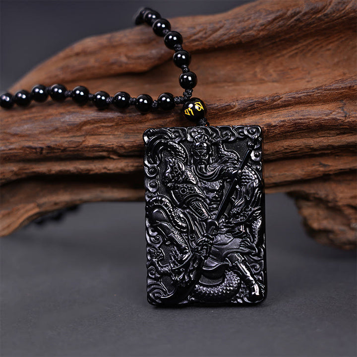 Buddha Stones Halskettenanhänger aus schwarzem Obsidian mit Guan-Gong-Amulett und Gravur – Symbol der Stärke - Guan Gong (Gerechtigkeit♥Reichtum) - image 0