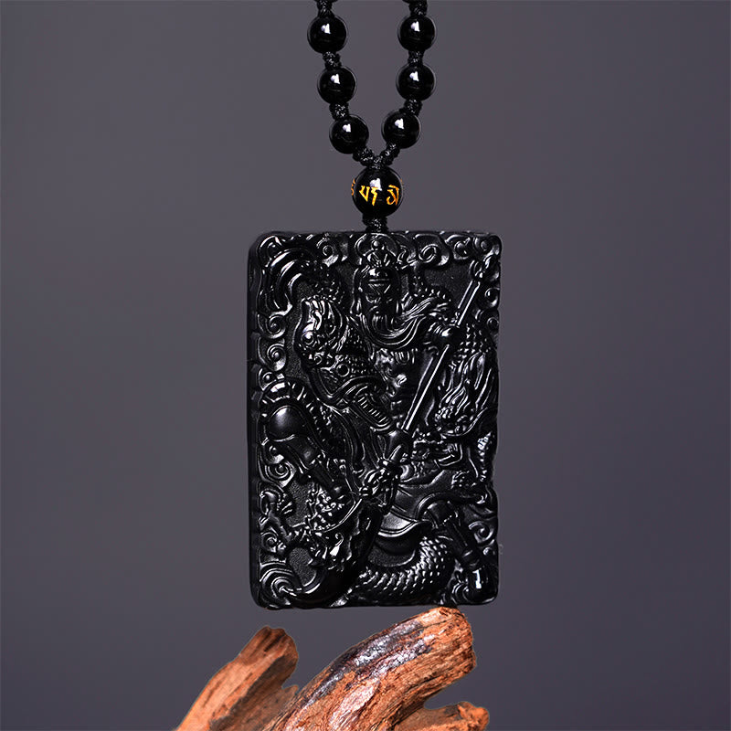 Buddha Stones Halskettenanhänger aus schwarzem Obsidian mit Guan-Gong-Amulett und Gravur – Symbol der Stärke - image 2