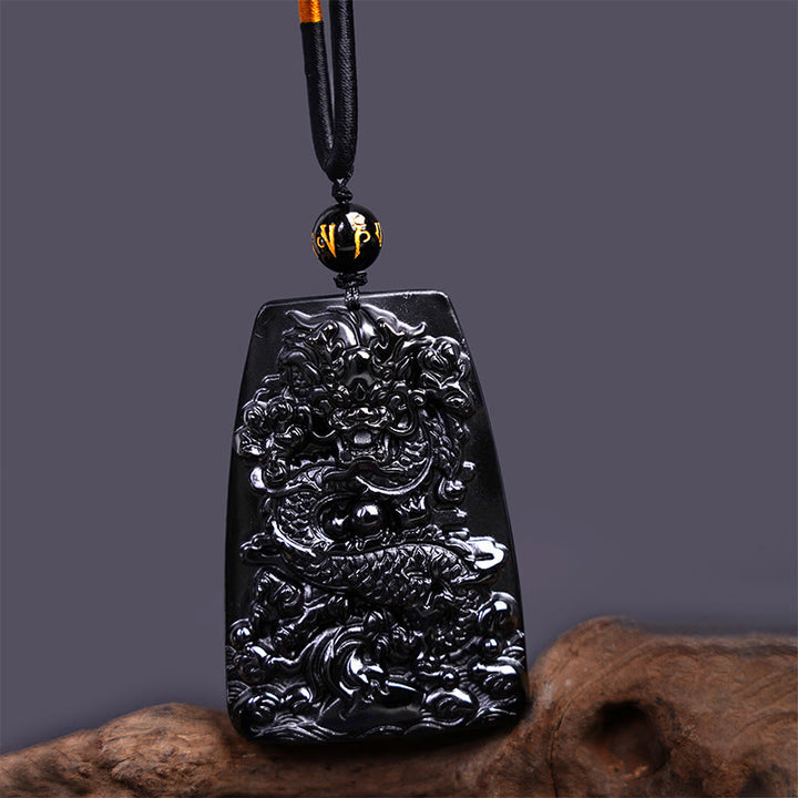 Buddha Stones Halskettenanhänger mit Drachenmotiv aus schwarzem Obsidian – Glücksbringer - Trapezförmiger Drache 65 mm × 44 mm - image 8
