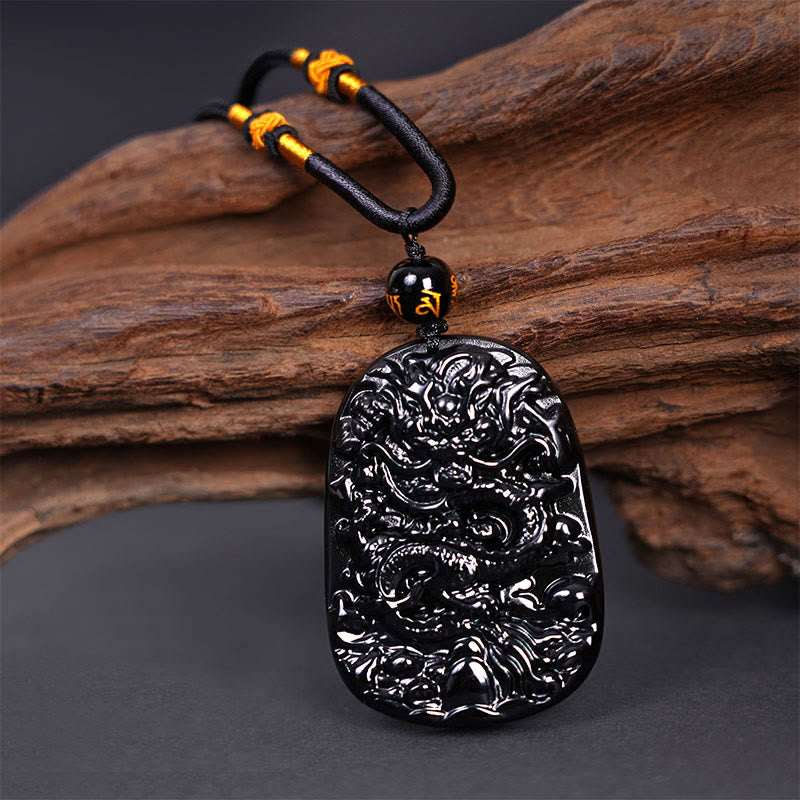 Buddha Stones Halskettenanhänger mit Drachenmotiv aus schwarzem Obsidian – Glücksbringer - image 3