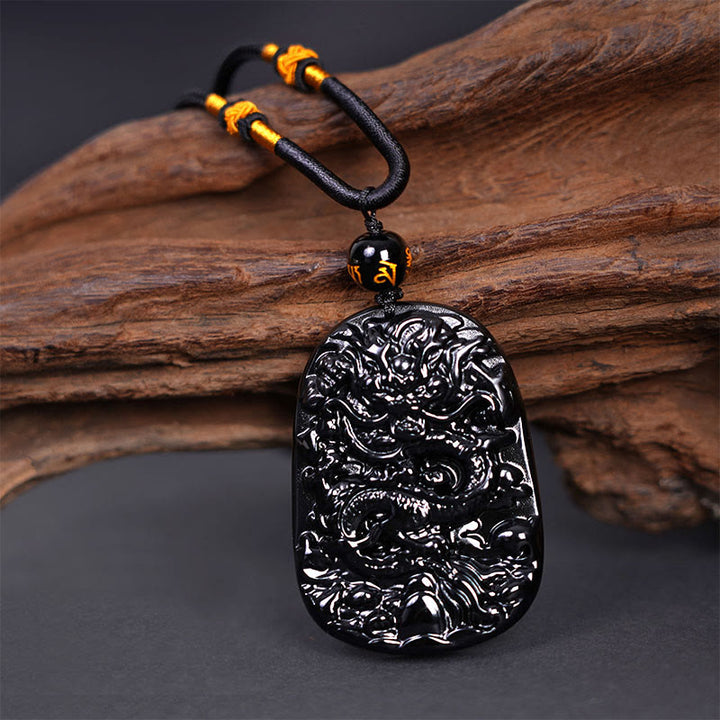 Buddha Stones Halskettenanhänger mit Drachenmotiv aus schwarzem Obsidian – Glücksbringer - image 3