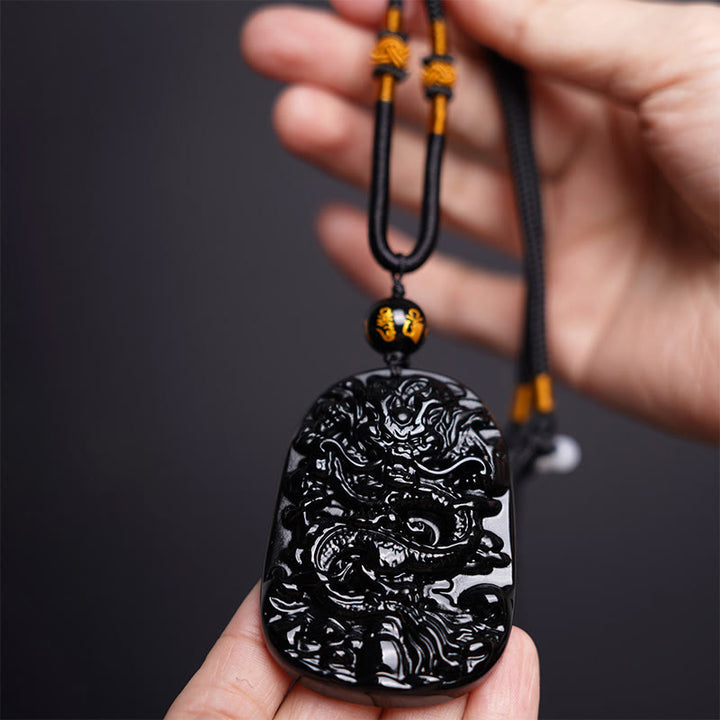 Buddha Stones Halskettenanhänger mit Drachenmotiv aus schwarzem Obsidian – Glücksbringer - image 2