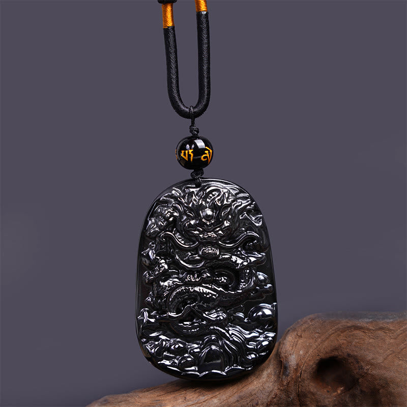 Buddha Stones Halskettenanhänger mit Drachenmotiv aus schwarzem Obsidian – Glücksbringer - Ovaler Drache 58 mm × 41 mm - image 0