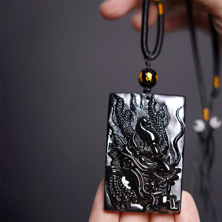 Buddha Stones Rechteckiger Drachenanhänger aus natürlichem schwarzem Obsidian mit Gravur – ein Symbol für Erfolg an einer Halskette - Dragon 61 mm * 40 mm - image 8