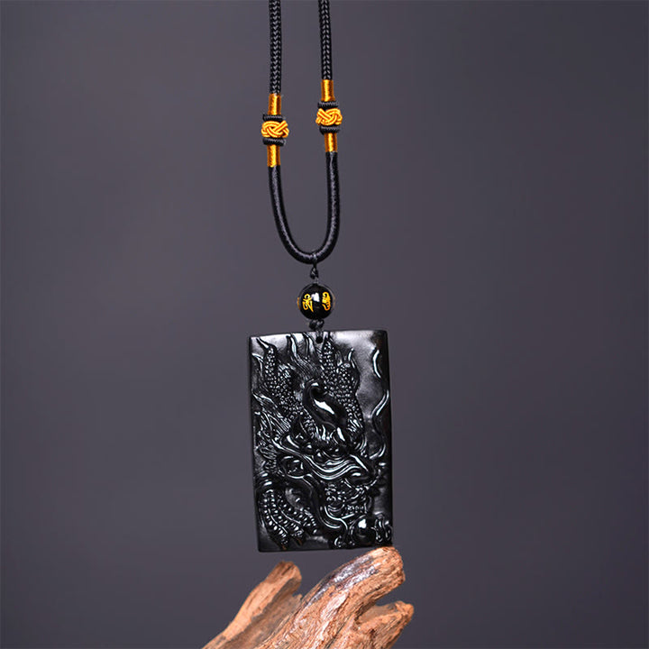 Buddha Stones Rechteckiger Drachenanhänger aus natürlichem schwarzem Obsidian mit Gravur – ein Symbol für Erfolg an einer Halskette - image 9