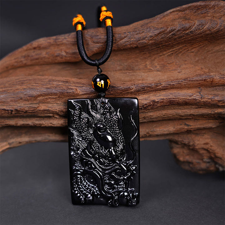 Buddha Stones Rechteckiger Drachenanhänger aus natürlichem schwarzem Obsidian mit Gravur – ein Symbol für Erfolg an einer Halskette - image 10
