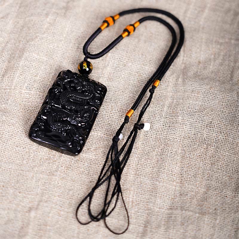 Buddha Stones Rechteckiger Drachenanhänger aus natürlichem schwarzem Obsidian mit Gravur – ein Symbol für Erfolg an einer Halskette - image 5