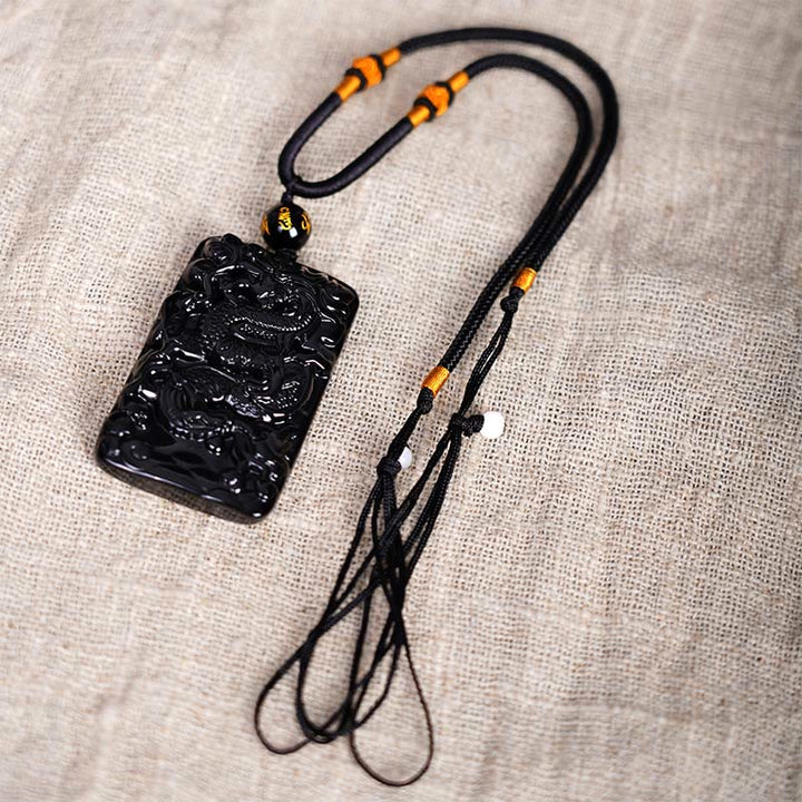 Buddha Stones Rechteckiger Drachenanhänger aus natürlichem schwarzem Obsidian mit Gravur – ein Symbol für Erfolg an einer Halskette - image 5