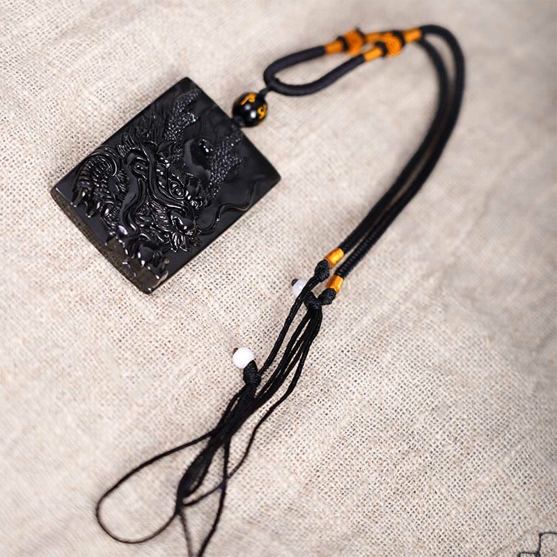 Buddha Stones Rechteckiger Drachenanhänger aus natürlichem schwarzem Obsidian mit Gravur – ein Symbol für Erfolg an einer Halskette - image 12