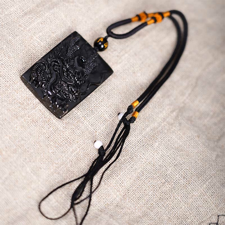 Buddha Stones Rechteckiger Drachenanhänger aus natürlichem schwarzem Obsidian mit Gravur – ein Symbol für Erfolg an einer Halskette - image 12