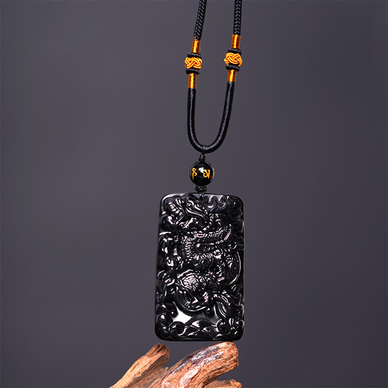 Buddha Stones Rechteckiger Drachenanhänger aus natürlichem schwarzem Obsidian mit Gravur – ein Symbol für Erfolg an einer Halskette - image 3