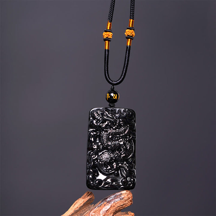 Buddha Stones Rechteckiger Drachenanhänger aus natürlichem schwarzem Obsidian mit Gravur – ein Symbol für Erfolg an einer Halskette - image 3
