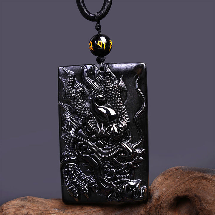 Buddha Stones Rechteckiger Drachenanhänger aus natürlichem schwarzem Obsidian mit Gravur – ein Symbol für Erfolg an einer Halskette - image 13