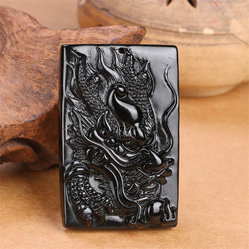 Buddha Stones Rechteckiger Drachenanhänger aus natürlichem schwarzem Obsidian mit Gravur – ein Symbol für Erfolg an einer Halskette - image 15