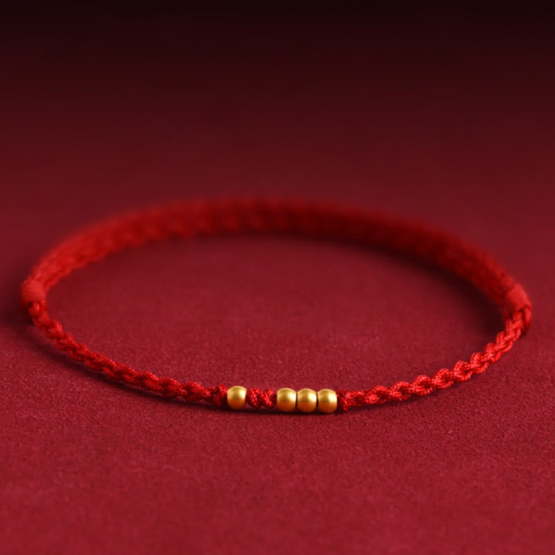 Buddha Stones 999 Goldperlen Glück geflochtenes Schutz-Paar-Armband - Rotes Seil (Ein und drei Goldperlen) - 24 cm - image 0