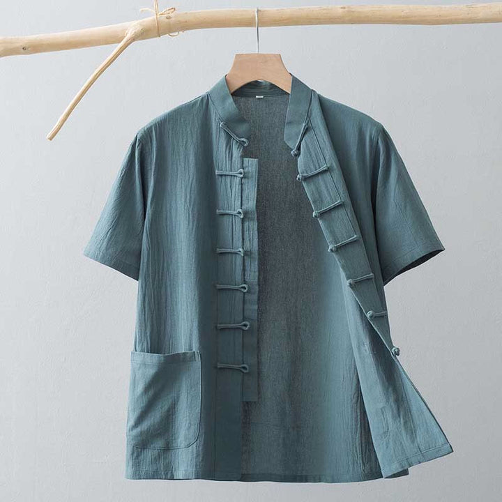 Buddha Stones Chinesische Froschknopf-Tang-Jacke Herren Kurzarmhemd Baumwoll-Leinenkleidung Mit Taschen - Kadettenblau - US/UK/AU44, EU54 (4XL) - image 7