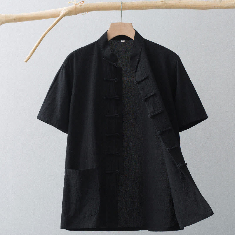 Buddha Stones Chinesische Froschknopf-Tang-Jacke Herren Kurzarmhemd Baumwoll-Leinenkleidung Mit Taschen - Schwarz - US/UK/AU44, EU54 (4XL) - image 15