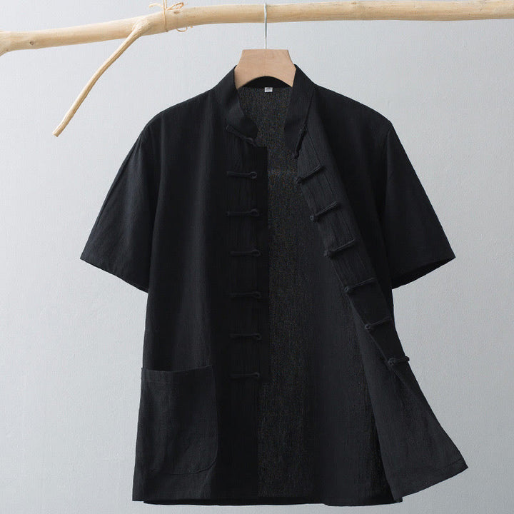 Buddha Stones Chinesische Froschknopf-Tang-Jacke Herren Kurzarmhemd Baumwoll-Leinenkleidung Mit Taschen - Schwarz - US/UK/AU44, EU54 (4XL) - image 15
