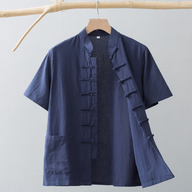 Buddha Stones Chinesische Froschknopf-Tang-Jacke Herren Kurzarmhemd Baumwoll-Leinenkleidung Mit Taschen - Stahlblau - US/ UK/AU44，EU54 (4XL) - image 14