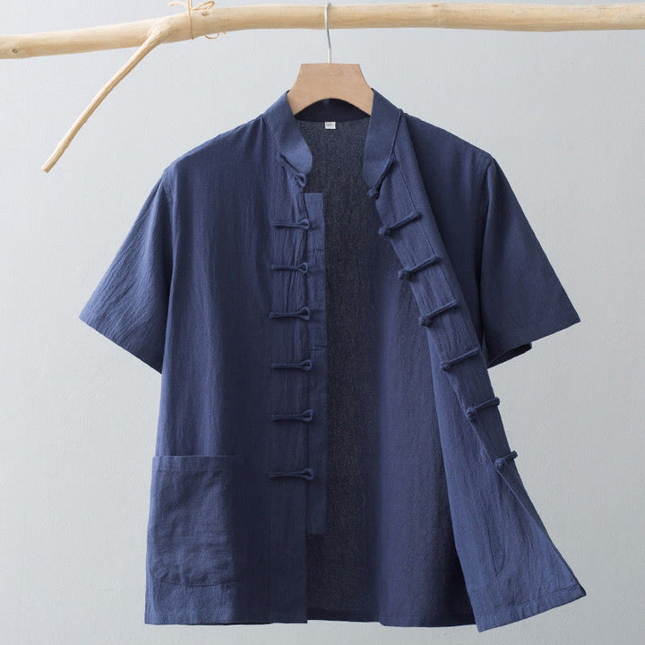 Buddha Stones Chinesische Froschknopf-Tang-Jacke Herren Kurzarmhemd Baumwoll-Leinenkleidung Mit Taschen - Stahlblau - US/ UK/AU44，EU54 (4XL) - image 14