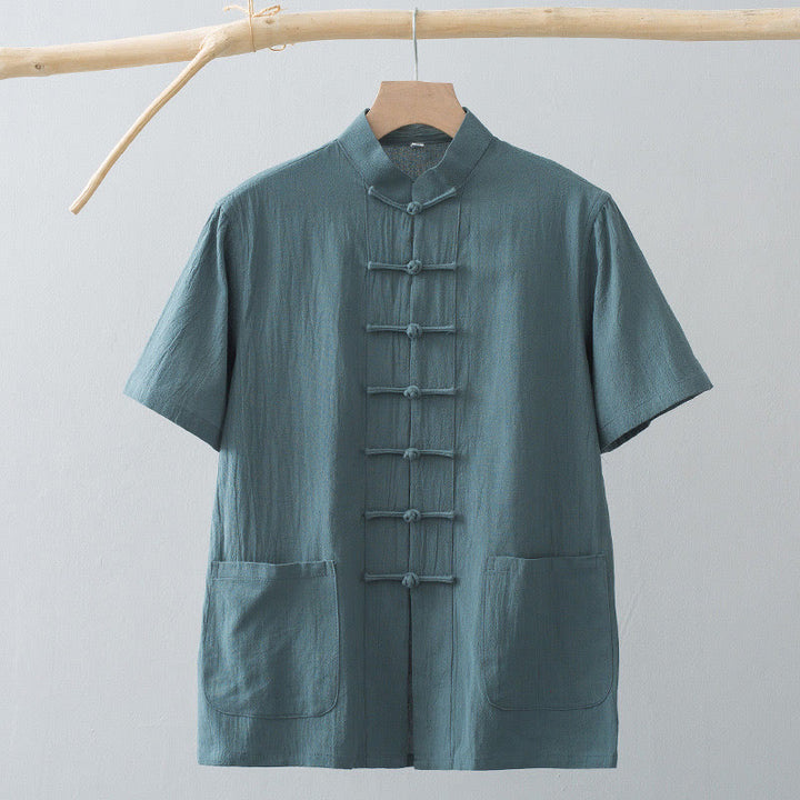 Buddha Stones Chinesische Froschknopf-Tang-Jacke Herren Kurzarmhemd Baumwoll-Leinenkleidung Mit Taschen - image 8