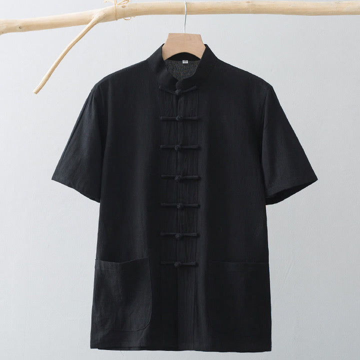 Buddha Stones Chinesische Froschknopf-Tang-Jacke Herren Kurzarmhemd Baumwoll-Leinenkleidung Mit Taschen - image 17