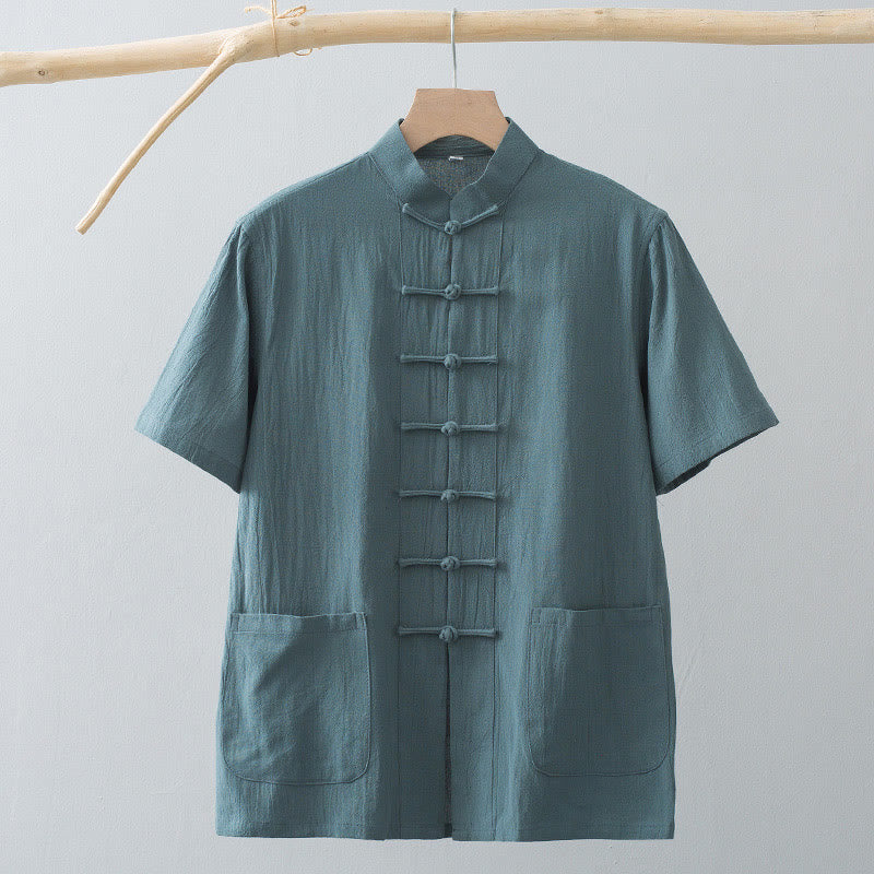 Buddha Stones Chinesische Froschknopf-Tang-Jacke Herren Kurzarmhemd Baumwoll-Leinenkleidung Mit Taschen - image 9