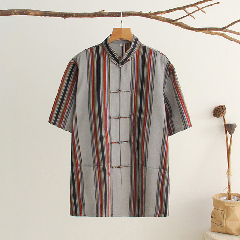 Buddha Stones Chinesischer Froschknopf Tang Anzug Herren Kurzarm Baumwollhemd mit Taschen - Dunkelgrau - US/ UK/AU44, EU54 (4XL) - image 24