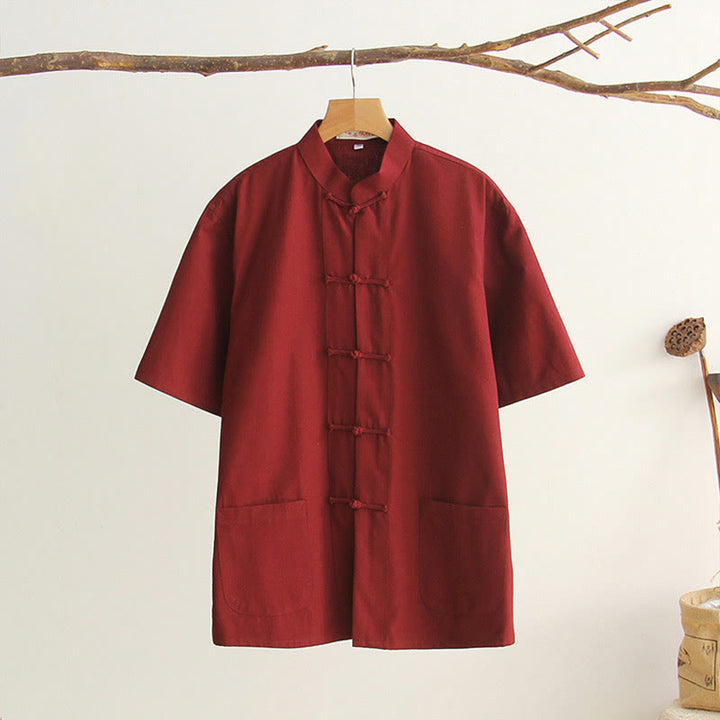 Buddha Stones Chinesischer Froschknopf Tang Anzug Herren Kurzarm Baumwollhemd mit Taschen - IndianRed - US/ UK/AU44, EU54 (4XL) - image 16