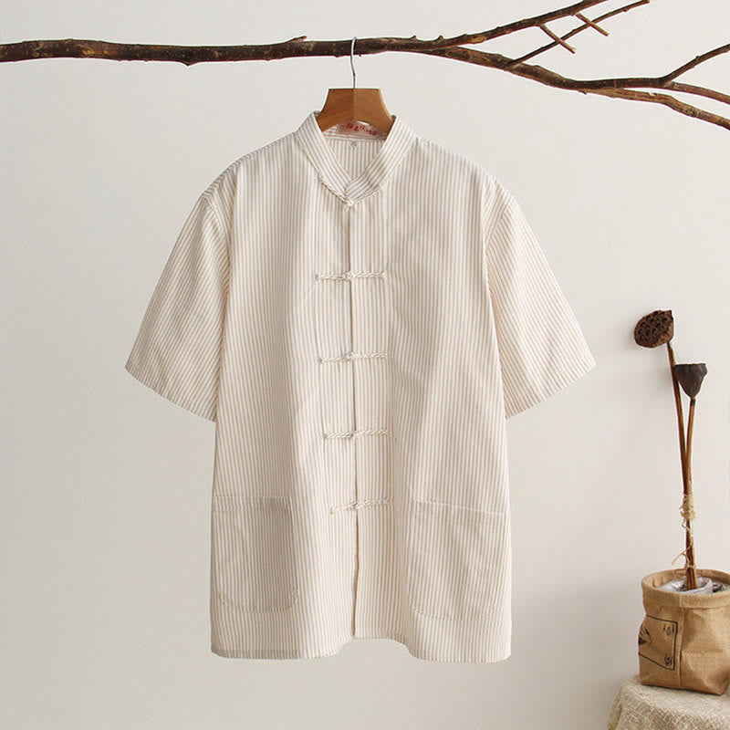 Buddha Stones Chinesischer Froschknopf Tang Anzug Herren Kurzarm Baumwollhemd mit Taschen - Leinen - US/ UK/AU44, EU54 (4XL) - image 20