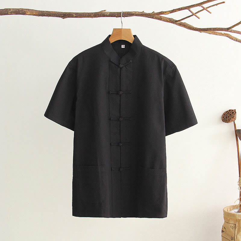 Buddha Stones Chinesischer Froschknopf Tang Anzug Herren Kurzarm Baumwollhemd mit Taschen - Schwarz - US/ UK/AU44, EU54 (4XL) - image 18