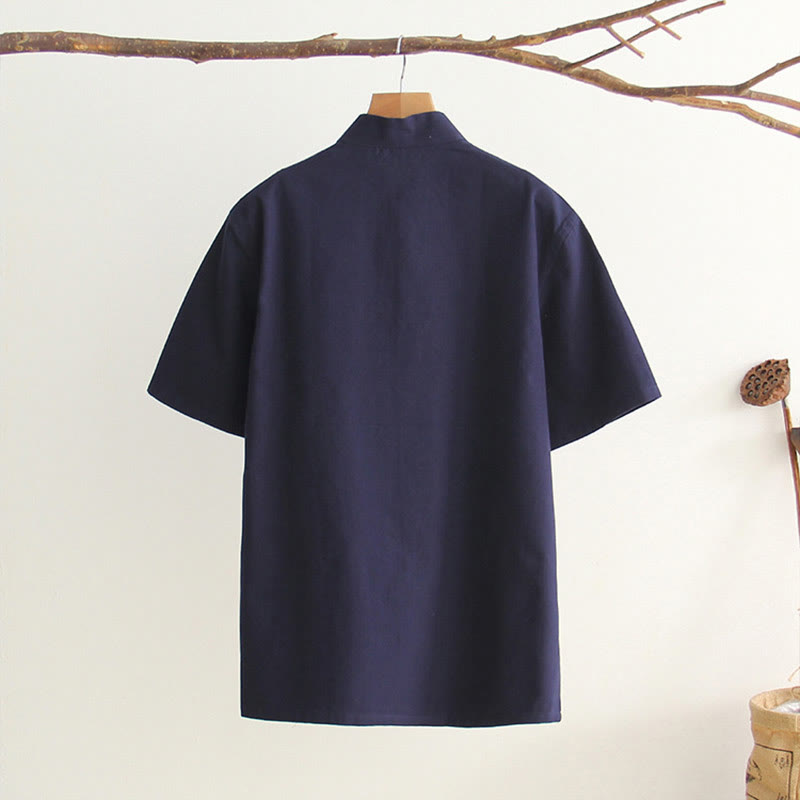 Buddha Stones Chinesischer Froschknopf Tang Anzug Herren Kurzarm Baumwollhemd mit Taschen - image 13