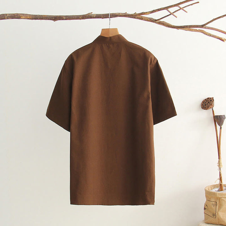 Buddha Stones Chinesischer Froschknopf Tang Anzug Herren Kurzarm Baumwollhemd mit Taschen - image 23