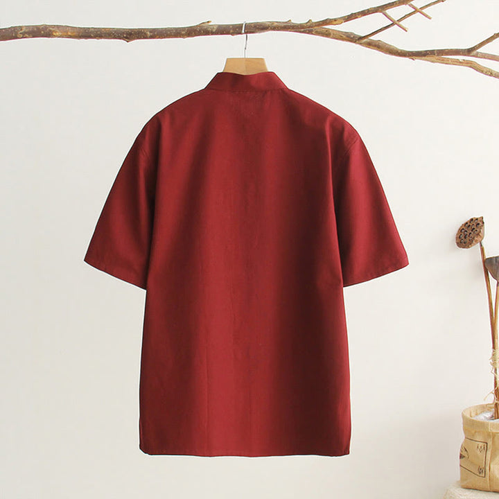 Buddha Stones Chinesischer Froschknopf Tang Anzug Herren Kurzarm Baumwollhemd mit Taschen - image 17