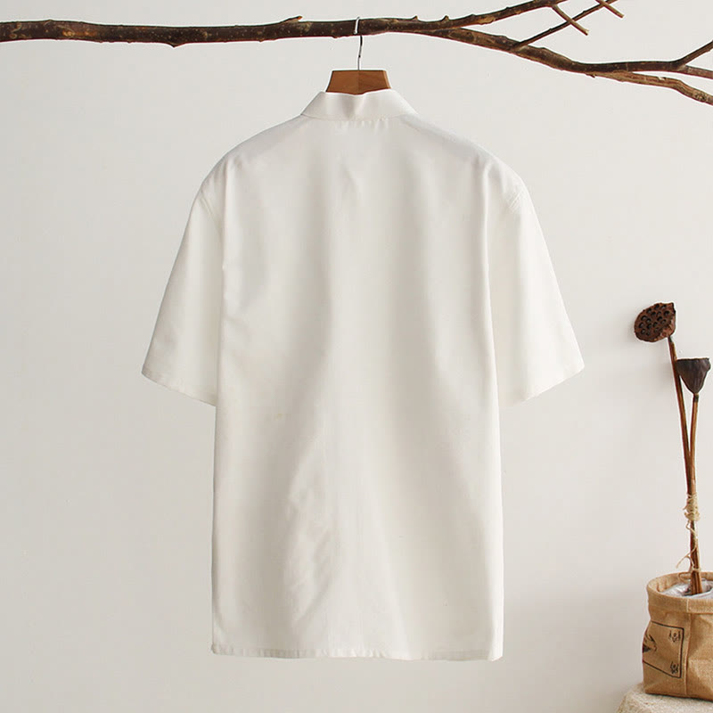 Buddha Stones Chinesischer Froschknopf Tang Anzug Herren Kurzarm Baumwollhemd mit Taschen - image 1