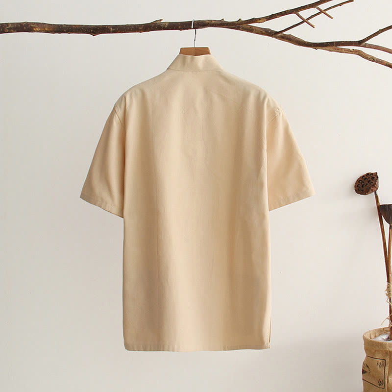 Buddha Stones Chinesischer Froschknopf Tang Anzug Herren Kurzarm Baumwollhemd mit Taschen - image 11