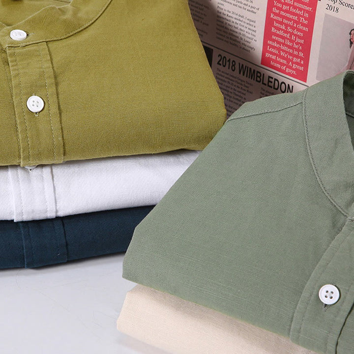 Buddha Stones Sommer Herren Kurzarm Knopfleiste Baumwoll-Leinen-Hemd - image 1