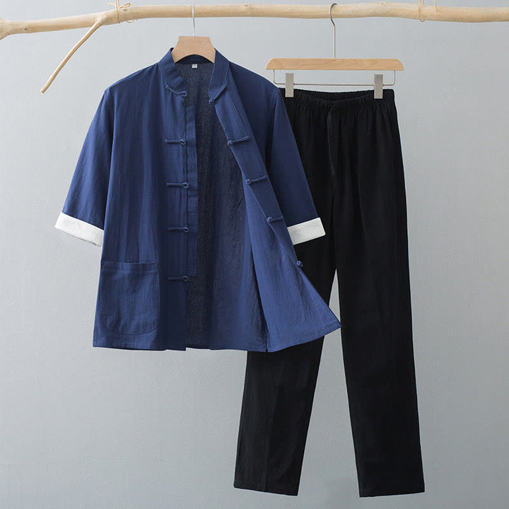 Buddha Stones ​​Traditioneller Frosch-Tang-Anzug Baumwoll-Halbarm-Oberteil-Hose-Bekleidungsset für Herren - Marineblaues Oberteil & schwarze Hose - US/ UK/AU44, EU54 (4XL)  - image 8