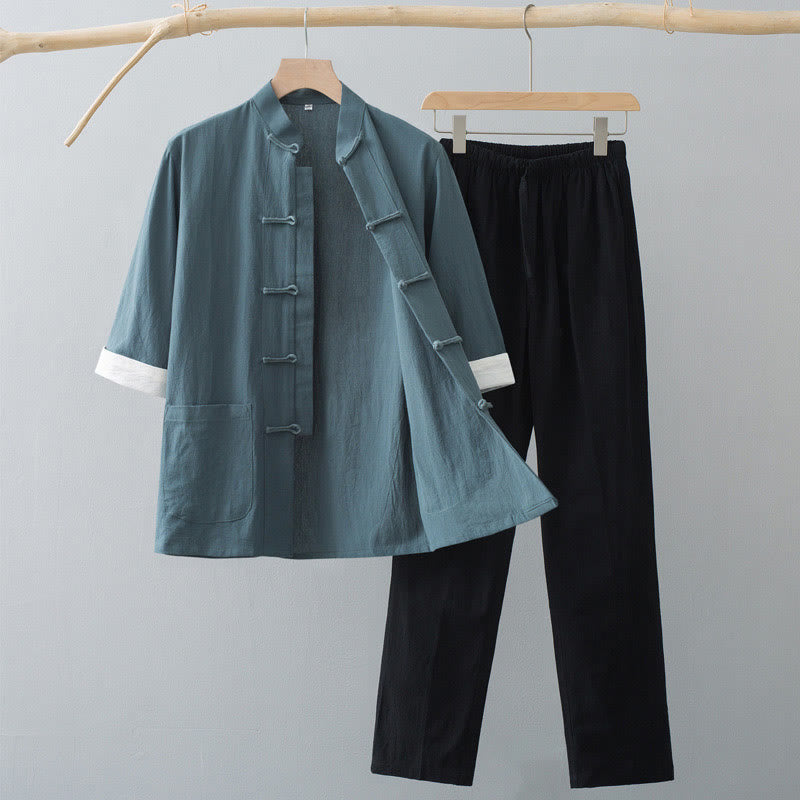 Buddha Stones ​​Traditioneller Frosch-Tang-Anzug Baumwoll-Halbarm-Oberteil-Hose-Bekleidungsset für Herren - Grünes Oberteil & Schwarze Hose - US/ UK/AU44, EU54 (4XL)  - image 0