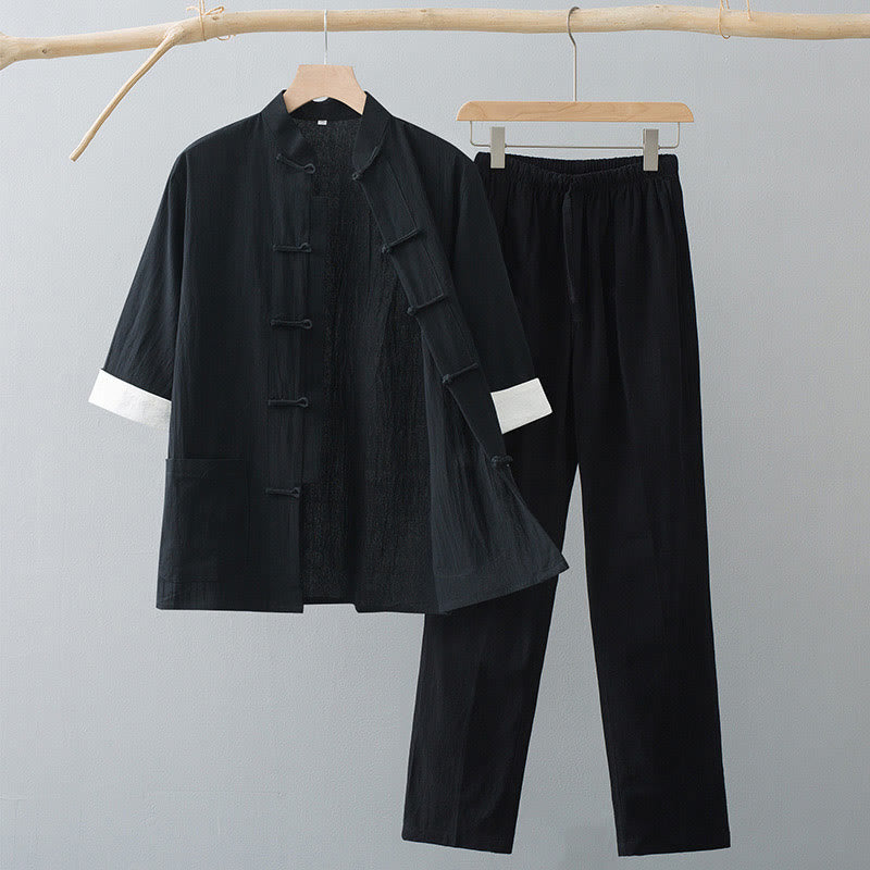 Buddha Stones ​​Traditioneller Frosch-Tang-Anzug Halbarm-Oberteil-Hose-Bekleidungsset für Herren - Schwarzes Oberteil & Schwarze Hose - US/UK/AU44, EU54 (4XL) - image 8