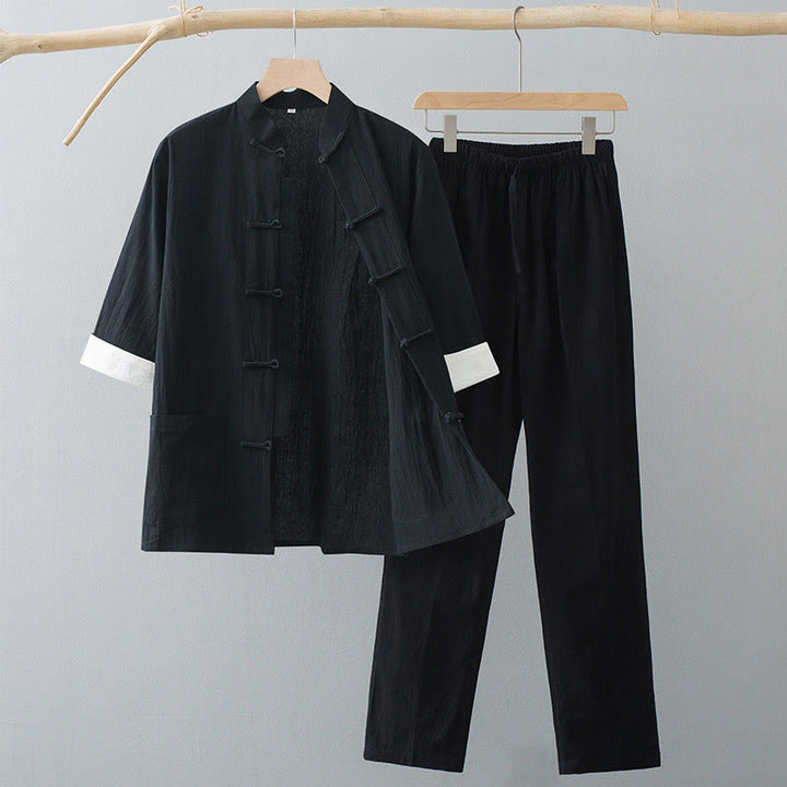 Buddha Stones ​​Traditioneller Frosch-Tang-Anzug Halbarm-Oberteil-Hose-Bekleidungsset für Herren - Schwarzes Oberteil & Schwarze Hose - US/UK/AU44, EU54 (4XL) - image 8