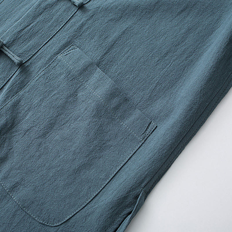 Buddha Stones Traditioneller Frosch-Knopf-Tang-Anzug Baumwolle Halbarm-Oberteile Hosen Kleidung Herren Set - image 3