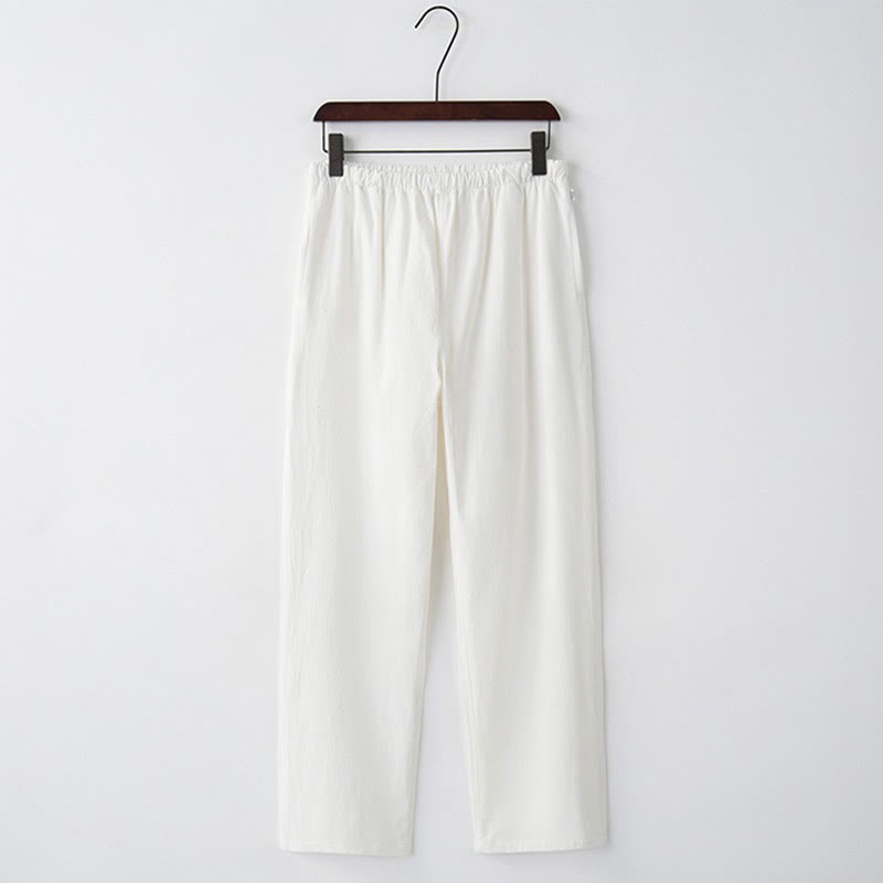 Buddha Stones Herren Freizeithosen aus einfarbiger Baumwoll-Leinen-Mischung mit Kordelzug und Taschen - Weiß - US/ UK/AU44, EU54 (4XL)  - image 9