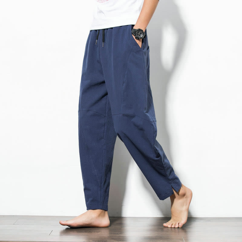 Buddha Stones Lässige Herrenhose aus einfarbiger Baumwolle mit Kordelzug und Taschen - Stahlblau - US/ UK/AU50，EU60 (5XL) - image 12