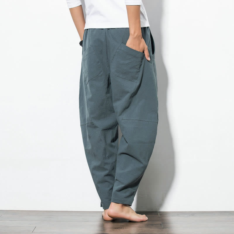 Buddha Stones Lässige Herrenhose aus einfarbiger Baumwolle mit Kordelzug und Taschen - image 3