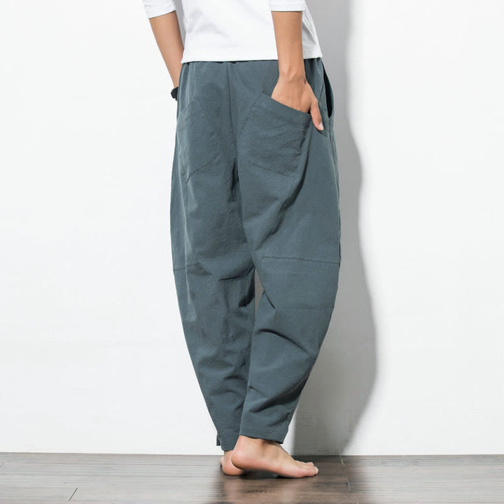 Buddha Stones Lässige Herrenhose aus einfarbiger Baumwolle mit Kordelzug und Taschen - image 3
