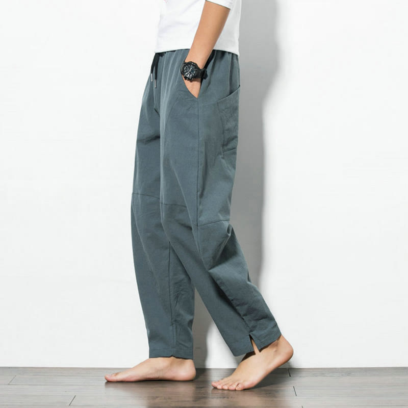 Buddha Stones Lässige Herrenhose aus einfarbiger Baumwolle mit Kordelzug und Taschen - image 5